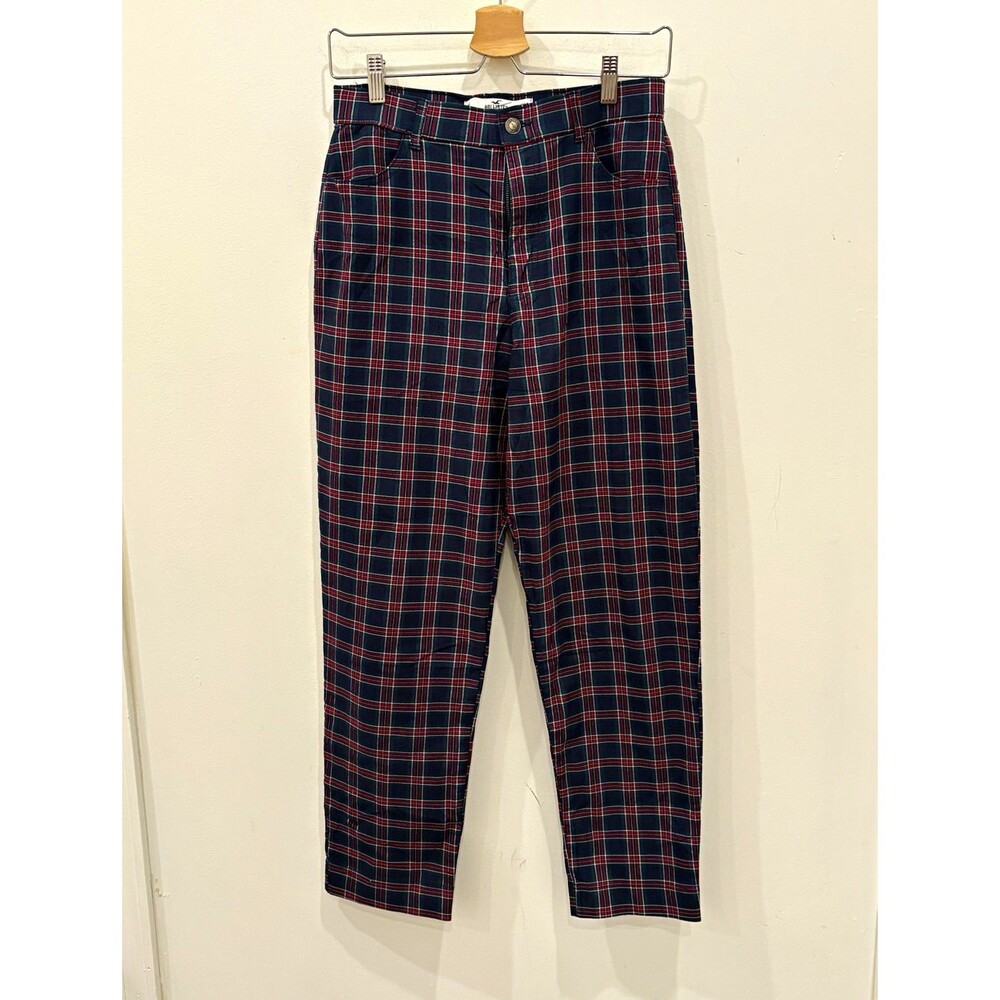 Hollister High Rise Plaid Slim Tapered Pants Stretch Pockets Navy Red Sz M holid